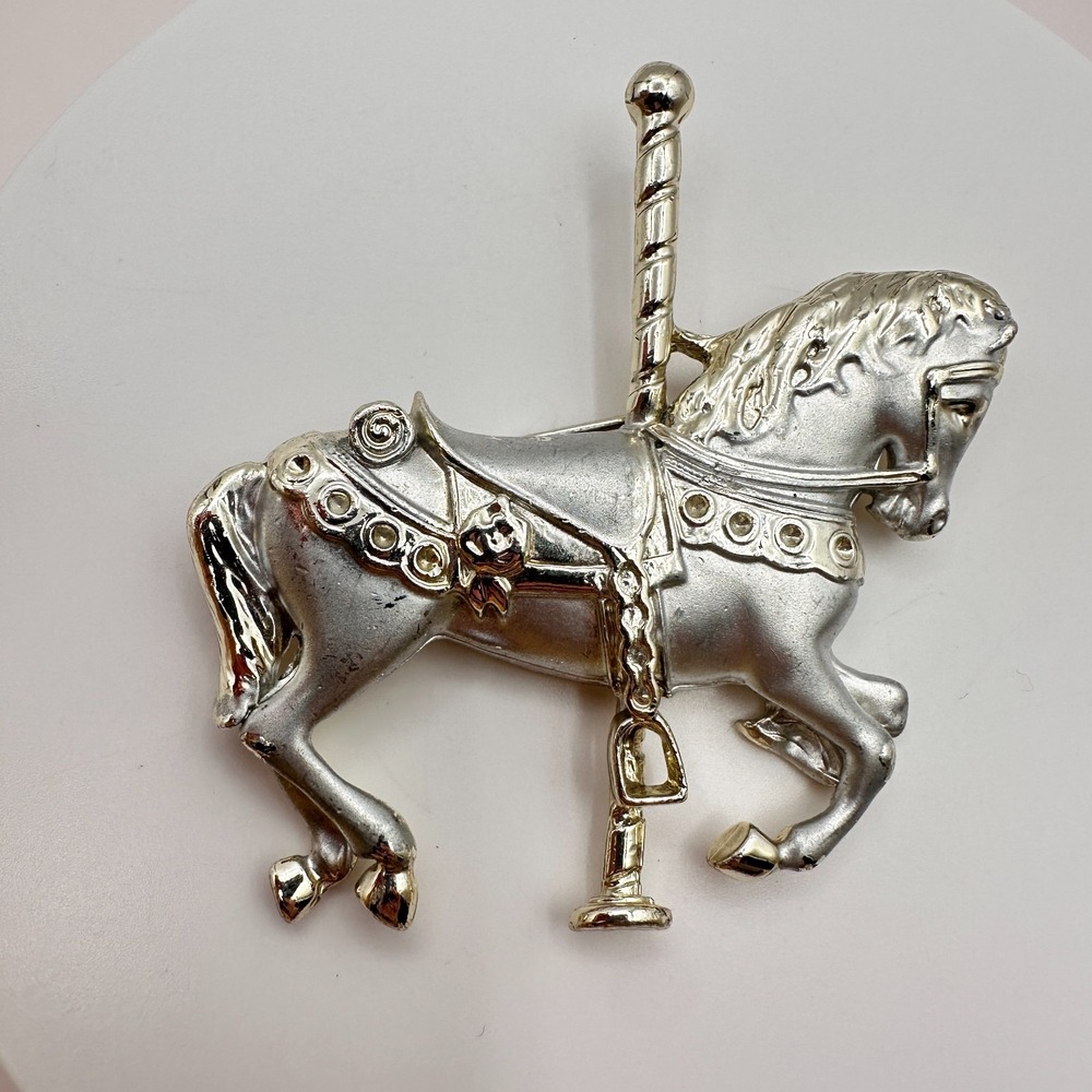 Vintage 90s Silver Tone Carousel Horse Brooch Moving Dangle Carousel Jewelry